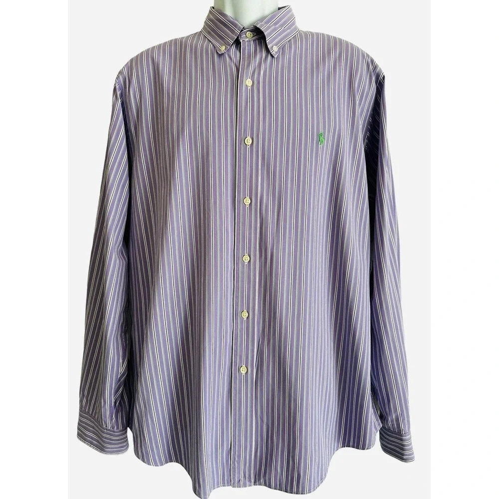 Polo Ralph Lauren Men Shirt Purple Stripe Custom Fit LS Green Pony 17 34/35 XL‎